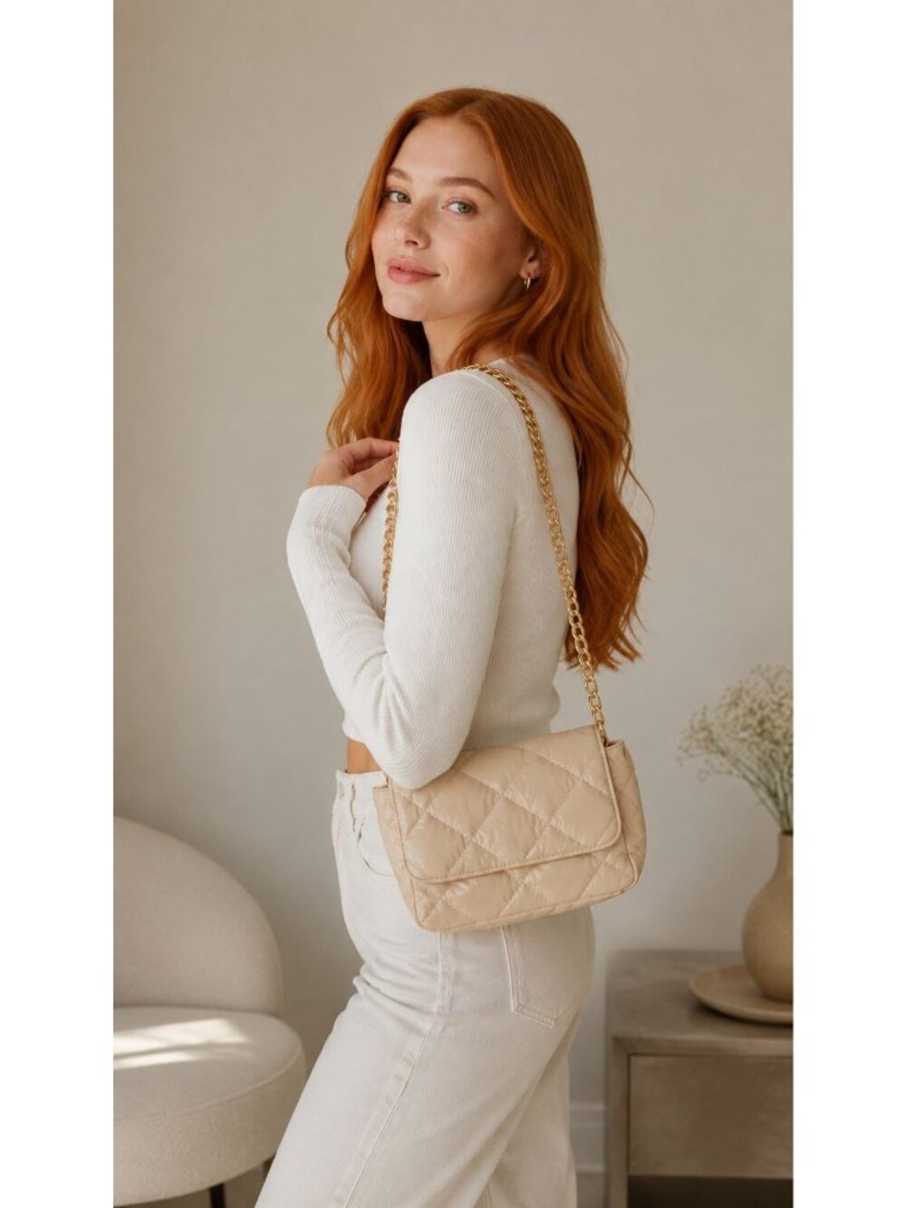 ohya Cream Diamond Quilted Puffer Crossbody Bag Gold Chain Strap